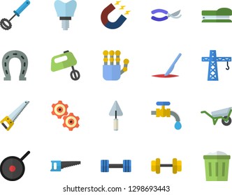 Color flat icon set crane flat vector, trowel, wheelbarrow, saw, teflon, whisk, mixer, horseshoe, secateurs, water tap, magnet, scalpel, implant, stapler, robot hand, cogwheel, dumbbell, trash can
