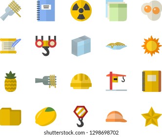Color flat icon set crane flat vector, hook, hard hat, lemon, spaghetti on a fork, scrambled eggs, pineapple, sun, radiation, computer file, sticker, hostory roll, notebook, favorites