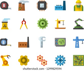 Color flat icon set crane flat vector, cogwheel, tape measure, manufactory, construction worker, motherboard, robotics, dividers, trammel, nuclear power plant, oscilloscope, electronic circuit