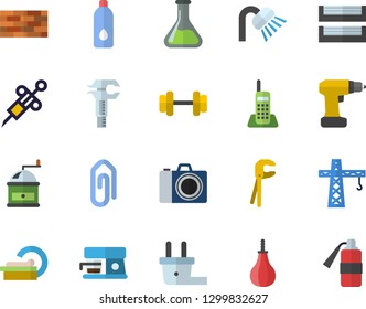 Color flat icon set crane flat vector, brick wall, tool, drill screwdriver, shower, coffee grinder, machine, chemistry, plug socket, trammel, syringe, tomograph, telephone, paper tray, dumbbell