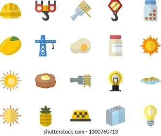 Color flat icon set crane flat vector, hook, hard hat, lemon, spaghetti on a fork, scrambled eggs, pineapple, pancakes, sun, sticker, vitamins, fector, taxi, lamp