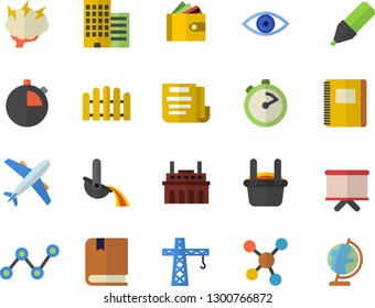 Color flat icon set crane flat vector, skyscraper, stopwatch, fence, plant, metallurgy, marker, purse, scatter chart, flipchart, eye, molecules, document, textbook, brainstorm, notebook, globe