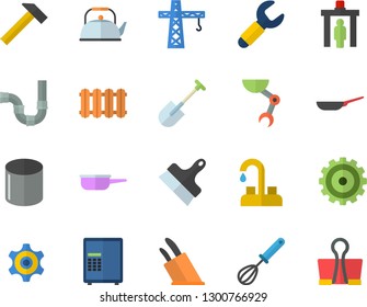 Color flat icon set crane flat vector, faucet, pipes, putty knife, heating batteries, hammer, frying pan, saute, teapot, whisk, knives, shovel, pipe production, wrench, cogwheel, robot hand, safe