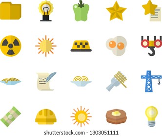 Color flat icon set crane flat vector, hook, hard hat, spaghetti, on a fork, bell pepper, scrambled eggs, pancakes, sun, radiation, computer file, hostory roll, fector, taxi, favorites, lamp