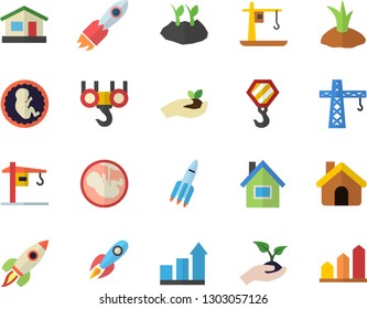Color flat icon set crane flat vector, house, hook, seedlings, planting plants, rocket, embryo, achievement chart