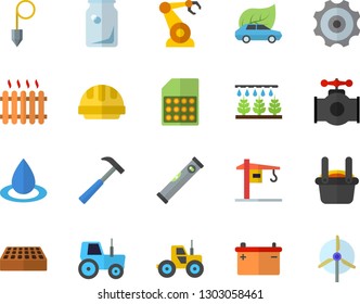 Color flat icon set crane flat vector, level meter, hard hat, construction plummet, brick, hammer, tractor, sprinkling machine, main pipeline, accumulator, drop, eco cars, robotics, SIM card