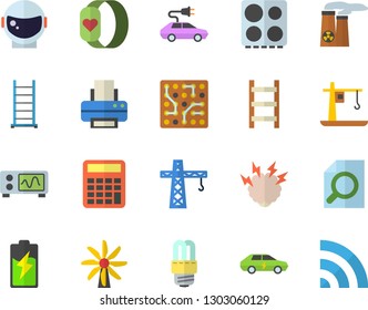 Color flat icon set crane flat vector, ladder, energy saving lamp, electric stove, battery, windmill, cars, magnifier, printer, nuclear power plant, oscilloscope, brainstorm, calculator, broadcast