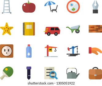 Color flat icon set crane flat vector, brick wall, wheelbarrow, sockets, teapot, potholder, tomato, ladder, oil pumping, trucking, magnifier, ink pen, tie, notebook, Petri dish, water, table tennis