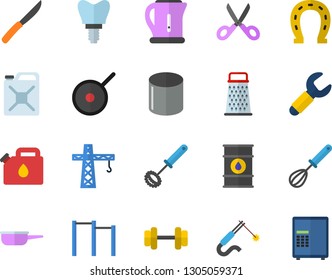 Color flat icon set crane flat vector, saute, teflon, electric kettle, whisk, knives, scissors, grater, horseshoe, oil tanks, canister, pipe production, welding, wrench, implant, dumbbell