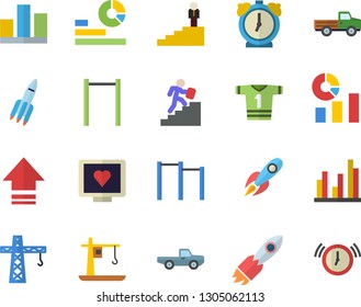 Color flat icon set crane flat vector, pickup truck, rocket, statistics, computer diagnostics of health, statistic, career ladder, parallel bars, sport T shirt, upload, alarm clock