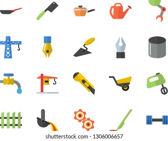 Color flat icon set crane flat vector, trowel, fence, stationery knife, frying pan, saute, knives, mixer, watering can, garden wheelbarrow, water tap, pipe production, metallurgy, scalpel, ink pen