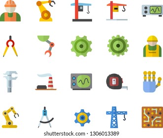 Color flat icon set crane flat vector, builder, tape measure, factory, cogwheel, construction worker, robotics, dividers, trammel, robot hand, oscilloscope, industrial, electronic circuit