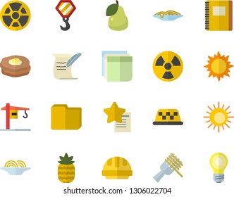 Color flat icon set crane flat vector, hook, hard hat, spaghetti on a fork, pineapple, pear, pancakes, sun, radiation, computer file, sticker, hostory roll, notebook, fector, taxi, favorites, lamp