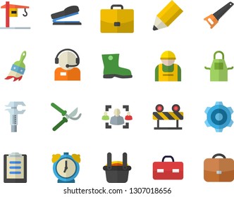 Color flat icon set crane flat vector, cogwheel, saw, barrier, apron, secateurs, paint brush, gumboots, construction worker, metallurgy, trammel, case, telephone operator, briefcase, clipboard