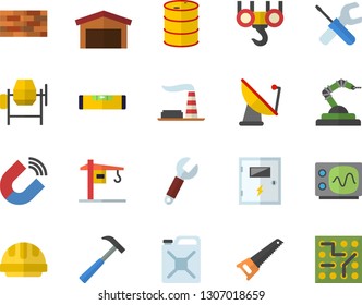 Color flat icon set crane flat vector, brick wall, hook, concrete mixer, tool, saw, level meter, hard hat, switch box, hammer, factory, oil tanks, canister, satellite antenna, magnet, robotics