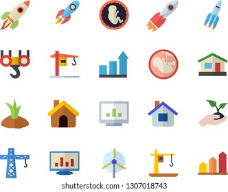 Color flat icon set crane flat vector, house, hook, seedlings, planting plants, rocket, embryo, computer chart, windmill, achievement