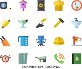 Color flat icon set crane flat vector, trowel, wheelbarrow, tape measure, sink, hard hat, hammer, meashuring cup, cook, knives, rolling pin, nesting box, oil tanks, phone call, office chair