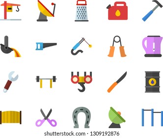 Color flat icon set crane flat vector, hook, fence, hammer, electric kettle, knives, scissors, grater, horseshoe, saw, oil tanks, canister, satellite antenna, welding, wrench, metallurgy, barbell