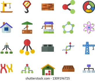 Color flat icon set crane flat vector, brick wall, hook, well, house, hierarchy, molecules, warehouse, chromosomes, clircle diagram, molecule, atom, dna, classification