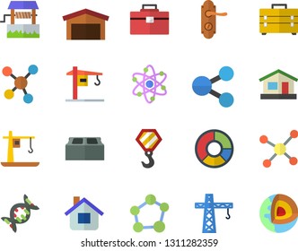 Color flat icon set crane flat vector, hook, tool bag, door lock, brick, well, house, warehouse, molecules, clircle diagram, molecule, atom, dna, core of the earth fector