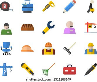 Color flat icon set crane flat vector, builder, tape measure, hard hat, brick, stationery knife, rake, trammel, construction worker, wrench, telephone operator, briefcase, office chair, phone, pen