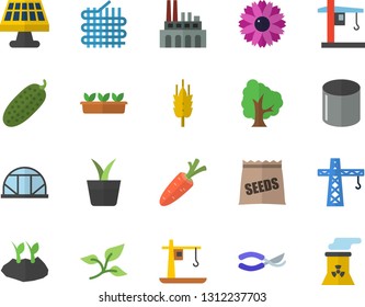 Color flat icon set crane flat vector, cucumber, seeds, ear, home plant, carrot, tree, flower, secateurs, planting plants, seedlings, greenhouse, solar battery, leaf, fabric manufacture