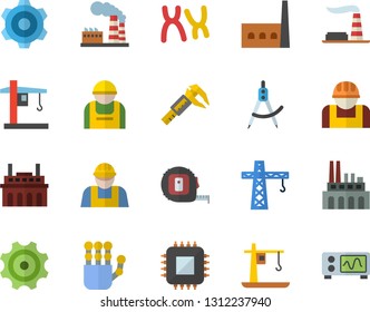 Color flat icon set crane flat vector, builder, cogwheel, tape measure, trammel, factory, manufactory, plant, construction worker, motherboard, dividers, chromosomes, robot hand, oscilloscope