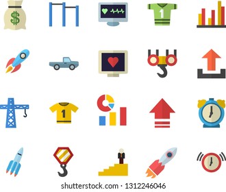 Color flat icon set crane flat vector, hook, pickup truck, rocket, wealth, statistics, computer diagnostics of health, statistic, career ladder, parallel bars, sport T shirt, upload, alarm clock