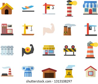 Color flat icon set crane flat vector, house, heating batteries, barrier, grain warehouse, gas station, factory, store front, lighthouse, nuclear power plant, muscles, antique column fector