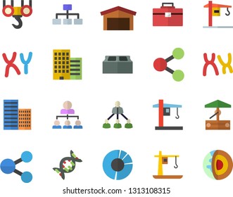 Color flat icon set crane flat vector, hook, tool bag, skyscraper, brick, well, warehouse, molecules, chromosomes, clircle diagram, hierarchy, dna, classification, core of the earth fector