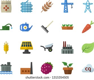 Color flat icon set crane flat vector, ear, blackberry, seeds, home plant, carrot, hose, rake, watering can, garden wheelbarrow, seedlings, solar battery, tree leaf, power line support, manufactory