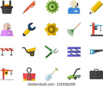 Color flat icon set crane flat vector, cogwheel, barrier, shovel, saw, secateurs, rake, garden wheelbarrow, lawn mower, wrench, metallurgy, phone operator, paper tray, pen, pencil, binder clip, case
