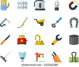 Color flat icon set crane flat vector, faucet, electric kettle, whisk, knives, toaster, horseshoe, rake, garden wheelbarrow, pipe production, magnet, welding, wrench, radiator, scalpel, implant