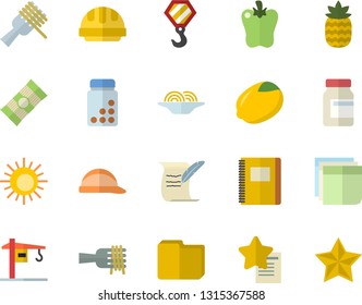 Color flat icon set crane flat vector, hook, hard hat, spaghetti, lemon, on a fork, bell pepper, pineapple, computer file, sticker, hostory roll, notebook, vitamins, sun fector, favorites