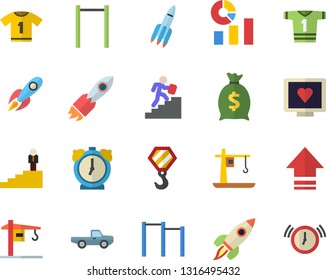 Color flat icon set crane flat vector, hook, pickup truck, rocket, wealth, statistics, computer diagnostics of health, career ladder, parallel bars, sport T shirt, upload, alarm clock
