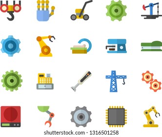 Color flat icon set crane flat vector, hook, cogwheel, weighing machine, blender, coffee, lawn mower, oil pumping, robotics, cash, tomograph, stapler, robot hand, cpu, industrial