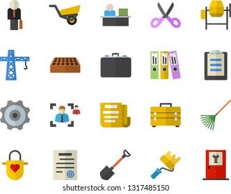 Color flat icon set crane flat vector, concrete mixer, tool bag, paint roller, brick, apron, scissors, shovel, rake, garden wheelbarrow, case, clipboard, document, recruitment, folder, office worker