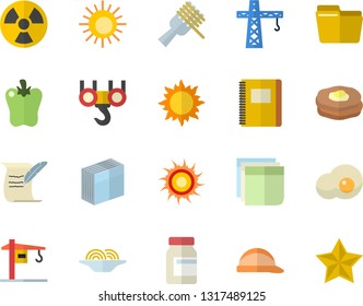 Color flat icon set crane flat vector, hook, hard hat, spaghetti on a fork, bell pepper, scrambled eggs, pancakes, sun, radiation, computer file, sticker, hostory roll, notebook, vitamins, fector