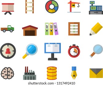 Color flat icon set crane flat vector, pickup truck, ladder, oil tanks, plant, billboard, warehouse, magnifier, target audience, flipchart, cash machine, clircle diagram, abacus, ink pen, folder
