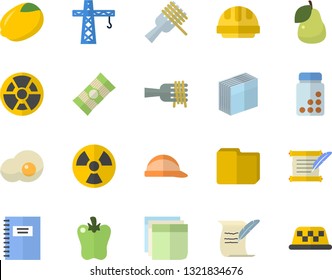 Color flat icon set crane flat vector, hard hat, spaghetti, lemon, on a fork, bell pepper, scrambled eggs, pear, radiation, computer file, sticker, hostory roll, notebook, vitamins, taxi fector