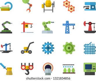 Color flat icon set crane flat vector, hook, concrete mixer, turk, coffee machine, sprinkling, lawn mower, oil pumping, cogwheel, fabric manufacture, robotics, tomograph, robot hand, industrial