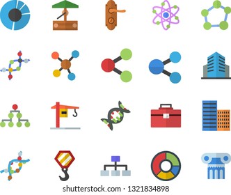 Color flat icon set crane flat vector, hook, tool bag, door lock, skyscraper, well, molecules, DNA, office building, clircle diagram, molecule, atom, classification, antique column fector