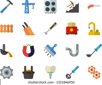 Color flat icon set crane flat vector, faucet, pipes, putty knife, heating batteries, hammer, ladle, whisk, knives, electric stove, toaster, blender, mining, metallurgy, implant, magnet, cogwheel