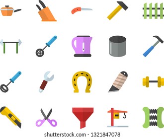 Color flat icon set crane flat vector, fence, stationery knife, hammer, saute, electric kettle, kitchen spoon, whisk, knives, scissors, horseshoe, pipe production, wrench, funnel, dumbbell, barbell