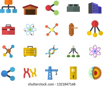 Color flat icon set crane flat vector, tool bag, door lock, brick, warehouse, hierarchy, molecules, DNA, chromosomes, office building, molecule, atom, core of the earth fector