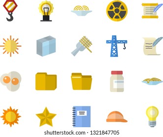 Color flat icon set crane flat vector, hook, hard hat, spaghetti on a fork, scrambled eggs, sun, radiation, computer file, sticker, hostory roll, notebook, vitamins, favorites, lamp