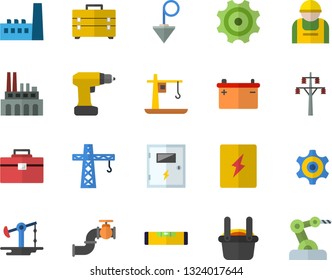Color flat icon set crane flat vector, drill screwdriver, tool bag, level meter, switch box, construction plummet, oil pumping, main pipeline, accumulator, power line support, manufactory, plant