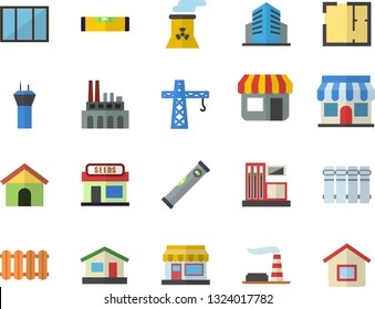 Color flat icon set crane flat vector, window, house layout, level meter, heating batteries, grain warehouse, gas station, factory, plant, store front, office building, nuclear power
