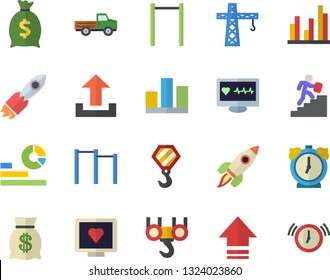 Color flat icon set crane flat vector, hook, pickup truck, rocket, wealth, statistics, computer diagnostics of health, statistic, career ladder, parallel bars, upload, alarm clock