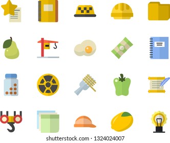 Color flat icon set crane flat vector, hook, hard hat, spaghetti, lemon, on a fork, bell pepper, scrambled eggs, pear, radiation, computer file, sticker, hostory roll, notebook, vitamins, favorites